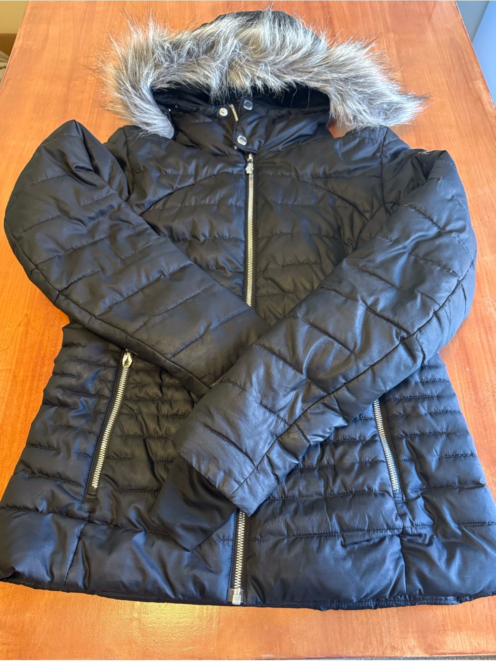 Spyder Black Quilted Puffer Jacket with Faux Fur Hood Trim